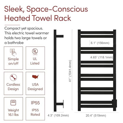 WarmlyYours Grande Heated Towel Rack, 12 Bars, Matte Black | Wall-mounted electric towel warmer rack and dryer, 120V hardwired, flat heated bars for towels and bathrobes - color: Matte Black, size: 12 Bars