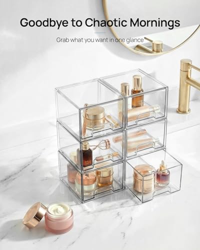 Vtopmart 6 Pack Small Clear Stackable Storage Drawers,Acrylic Bathroom Makeup Organizer,Plastic Storage Bins For Vanity, Undersink, Kitchen Cabinets, Pantry, Home Organization | Bathroom Makeup Organizer, Plastic Bins For Desk, Vanity, Undersink, Kitchen,