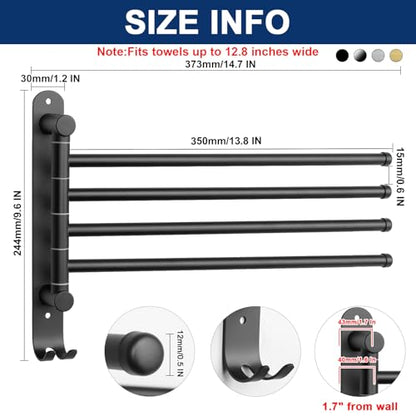 NearMoon Swivel Towel Rack, 13.8" Thicken 304 Stainless Steel 4-Arm Towel Bar, Space Saving Wall Mounted Towel Holder with Hook, Rustproof Swing Out Towel Hanger for Bathroom, Kitchen (Matte Black) - color: Matte Black, size: 13.8 Inch