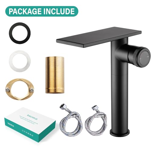 becola Modern Matte Black Bathroom Faucet，Tall Waterfall Faucet for Bathroom Sink，Single Hole Cold and Hot Basin Mixer Tap，Single Handle Vanity Faucet with Adjust Knobs and Two Supply Lines - color: Matte Black, size: Tall