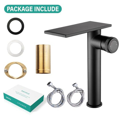 becola Modern Matte Black Bathroom Faucet，Tall Waterfall Faucet for Bathroom Sink，Single Hole Cold and Hot Basin Mixer Tap，Single Handle Vanity Faucet with Adjust Knobs and Two Supply Lines - color: Matte Black, size: Tall