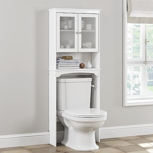 Spirich Over the Toilet Storage Cabinet with Tempered Glass Doors, White | Adjustable Shelf, Frosted Tempered Glass, Anti-Tip Fitting, 33-Inch Clearance for Standard Toilets, Bathroom Space Saver