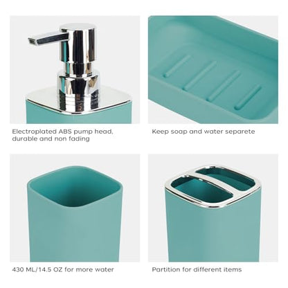 4Pcs Lake Blue Bathroom Set, Square Boho Soap & Toothbrush Holder Set | Thick shatterproof ABS, electroplated rust-proof pump, drip-free, multi-slot holder, dustproof lids, easy-clean - color: Lake Blue, size: 4PCS
