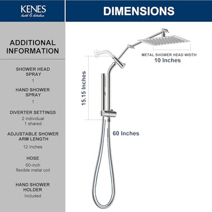 Brushed Nickel 10 Inch All Metal Rain Shower Head with Handheld Spray | High Pressure Rainfall Shower Head wih Adjustable Extension Arm, Dual Showerhead Set with 60" Shower Hose, Square Rainfall - color: Brushed Nickel
