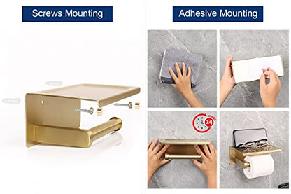 NearMoon Toilet Paper Holder with Shelf, Heavy Duty Bath Toilet Roll Holder with Phone Shelf Tissue Hanger for Bathroom/Kitchen No Drill or Wall Mounted(304 Stainless Steel, Brushed Gold) - color: Brushed Gold
