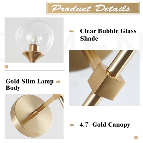 KCO 2 Pack Mid Century Modern Brass Gold Clear Glass Globe Wall Sconce | Reversible Up/ Down Mount, Long Rod Wall Lamp, Hardwired E26 Vanity Wall Light Fixture for Bedroom Bathroom Hallway Stairwell - color: Clear