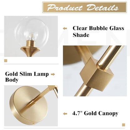 KCO 2 Pack Mid Century Modern Brass Gold Clear Glass Globe Wall Sconce | Reversible Up/ Down Mount, Long Rod Wall Lamp, Hardwired E26 Vanity Wall Light Fixture for Bedroom Bathroom Hallway Stairwell - color: Clear