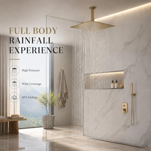 Rainfall Shower Head, BSTIIU 16 Inch Square Ceiling Mount Shower Head, Extra Large Stainless Steel Shower Head, Ultra Thin Waterfall Showerhead, Brushed Gold - color: Brushed Gold, size: 16-Inches, style: Square