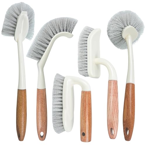 5-Pack Heavy Duty Scrub Brushes Set with Wooden Handles | Multi-Surface Scrubber for Kitchen,Bathroom,Tile & Grout,Includes Spherical,Triangle,Square & Dish Brush for Stubborn Stains