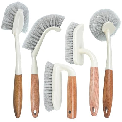 5-Pack Heavy Duty Scrub Brushes Set with Wooden Handles | Multi-Surface Scrubber for Kitchen,Bathroom,Tile & Grout,Includes Spherical,Triangle,Square & Dish Brush for Stubborn Stains