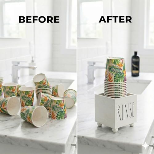 Bathroom Cup Dispenser, Farmhouse Dixie Cup Holder, 3 oz 5 oz Paper Mouthwash Cup Storage Box, Wooden Disposable Cup Caddy, Water Dispenser Cup Holder for Countertop (White) - color: White