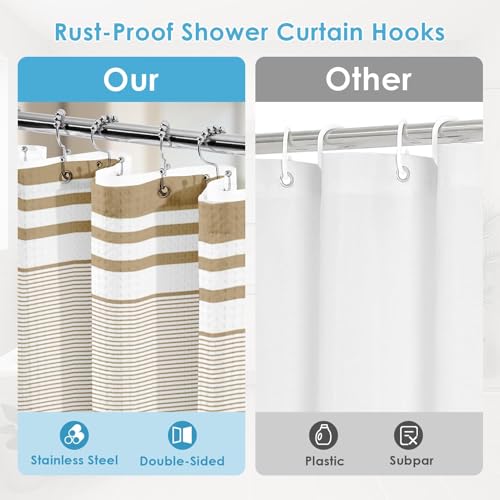 3 in 1 Shower Curtain and Liner,72 x 72 inch, Striped Modern | Navy Blue Modern Modern Double Layers Waterproof Fabric with See Through Top Window Open Grommet Bath Curtain - color: Striped Tan