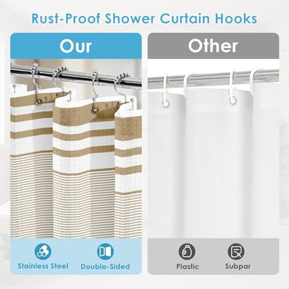 3 in 1 Shower Curtain and Liner,72 x 72 inch, Striped Modern | Navy Blue Modern Modern Double Layers Waterproof Fabric with See Through Top Window Open Grommet Bath Curtain - color: Striped Tan
