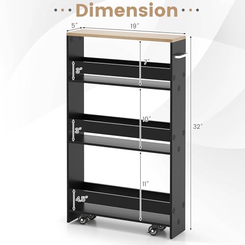 COSTWAY Slim Rolling Storage Cart, 4-Tier Rolling Utility Cart, Wood Kitchen Storage Cart with Handle & Wheels, Narrow Rolling Shelving Unit for Kitchen Bathroom Laundry Small Places (Dark) - color: Dark