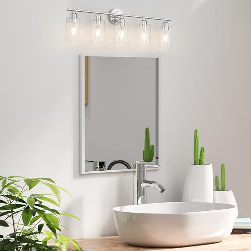 Bathroom Vanity Light Fixtures Polished Chrome Bathroom Lighting Fixture, 5 Lights Bathroom Light Fixture Over Mirror, Modern Black Vanity Light, Wall Sconces with Glass Shades - color: Polished Chrome, size: 5 Lights