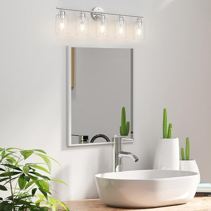 Bathroom Vanity Light Fixtures Polished Chrome Bathroom Lighting Fixture, 5 Lights Bathroom Light Fixture Over Mirror, Modern Black Vanity Light, Wall Sconces with Glass Shades - color: Polished Chrome, size: 5 Lights