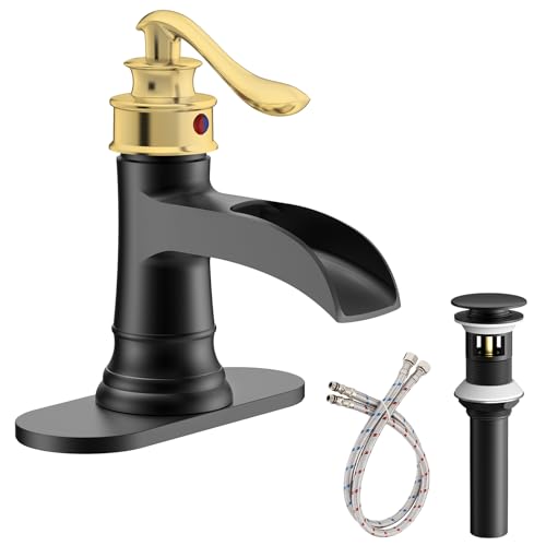 Bathroom Faucet Black and Gold Waterfall Bathroom Sink Faucets | Single Handle Rustic Vanity Farmhouse RV Faucet Suitable for 1 or 3 Holes with Pop-up Drain Deck Plate Hose by Homevacious - color: Gold & Black