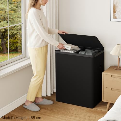Double Laundry Hamper with Lid, 150L Large Laundry Basket 2 Compartments | Gasvadivum Dirty Clothes Hamper 2 Section with Portable Liner Bags and Handles for Laundry Room, Bedroom, Easy Assembly,Black - color: Black