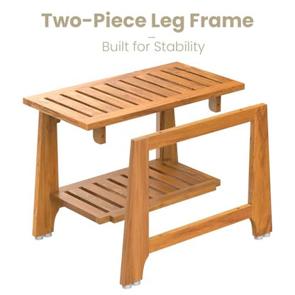 NNN 42" Commercial Heavy Duty Teak Shower Bench, Patented, Non-Slip Stable | with 8 Japan-Made Non-Slip Leveling Feet, Mortise-Tenon Legs 350lb, Pre-Oiled European Teak Oil, Marine-Grade Hardware - size: 42"W x 14" Dx 18"H