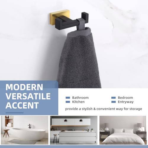 Angle Simple Double Towel Hook Black and Gold, Bathroom Robe Holder, 2 Pack | Stainless Steel Coat Hook, Hand Towel Holder Screw Wall Mount - color: Black & Gold, size: 2 Pack