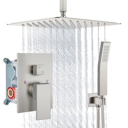 Aolemi Ceiling Mount Shower System Rain Shower Head with Handheld Spray High Pressure Shower Faucet Set Rough-in Valve Shower Trim Kit Included Bathroom Brushed Nickel 16 Inch Ceiling Shower Head - color: Nickel, size: 16 Inch Ceiling Shower Head