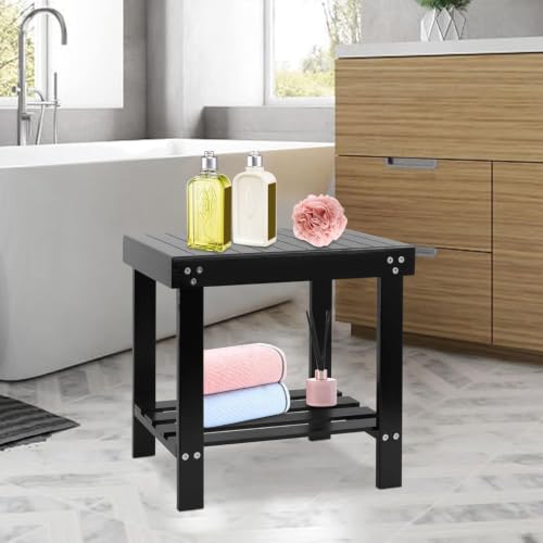 VaeFae Bamboo Spa Bench Seat Stool Foot Rest Shaving Stool with Non-Slip Feets Storage Shelf for Shampoo Towel,Works in Bathroom/Living Room/Bedroom/Garden Leisure (Black) - size: Black 17.3" x 11" x 16.1"