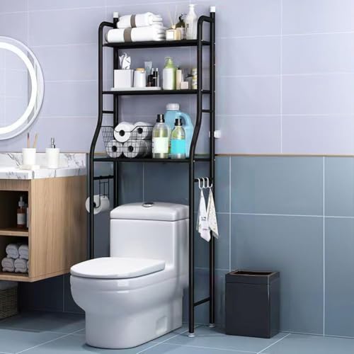 3-Tier Over The Toilet Storage, Freestanding Metal Bathroom Shelves, Above Toilet Storage Rack with Hooks and Paper Holder, Space-Saving, for Bathroom Restroom Laundry, Black - color: Black, size: 3 Layers