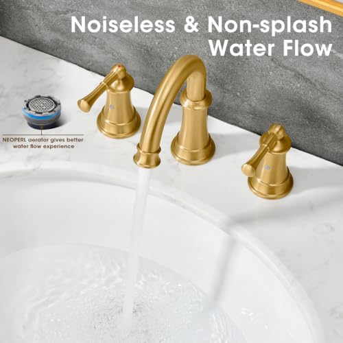 Gold Bathroom Faucet,Bathroom Faucet 3 Hole,Bathroom Sink Faucet | Brass Bathroom Faucet,Brushed Gold Bathroom Faucet 8 Inch With Pop-Up Drain And 2 Supply Hoses For Vanity Lavatory - color: Gold