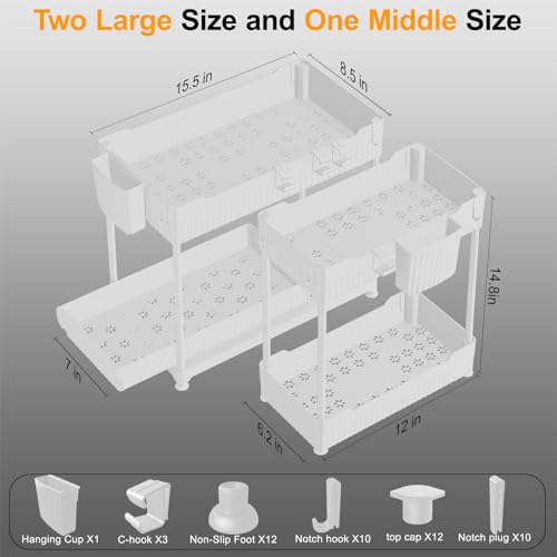 3 Pack Under Sink Organizers, 2-Tier Multi-Use Kitchen and Bathroom Organizers and Storage with Sliding Drawers, Bathroom Cabinet Organizer (White, 14.8 Inch) | Multi-use kitchen & bathroom storage, 14.8 inch white cabinet organizer, space-saving sliding