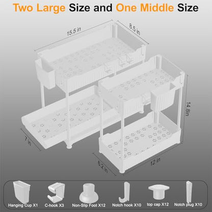 3 Pack Under Sink Organizers, 2-Tier Multi-Use Kitchen and Bathroom Organizers and Storage with Sliding Drawers, Bathroom Cabinet Organizer (White, 14.8 Inch) | Multi-use kitchen & bathroom storage, 14.8 inch white cabinet organizer, space-saving sliding