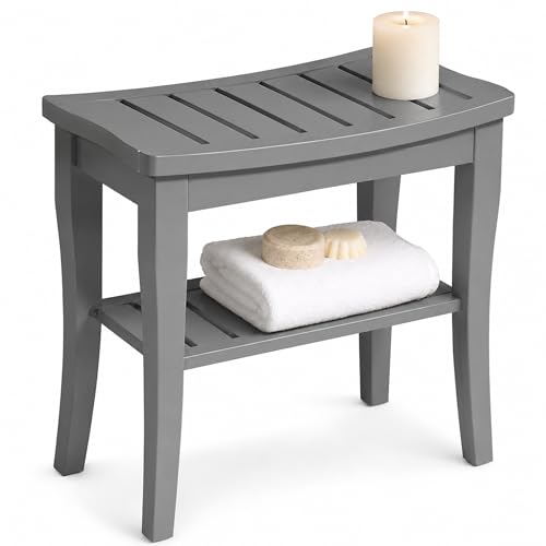 Bamboo Shower Bench, Gray Bathroom Wooden Stool Chair Seat with Storage | Compact 9 x 17 x 17 In, Great for Small Bathrooms, Non Slip Feet, Storage Shelf, Concave Seat, Holds Up to 250 lbs - color: Grey Standard
