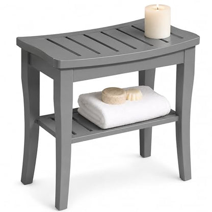 Bamboo Shower Bench, Gray Bathroom Wooden Stool Chair Seat with Storage | Compact 9 x 17 x 17 In, Great for Small Bathrooms, Non Slip Feet, Storage Shelf, Concave Seat, Holds Up to 250 lbs - color: Grey Standard