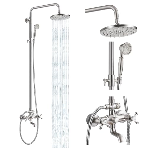 gotonovo Exposed Shower Tub Faucet Set 3 Function Wall Mount,Brushed Nickel | Shower System Fixtures with Tub Spout,8” Rain Head and Handheld,360°Rotation,Adjustable Height,for 5-6.7" Hole,Outdoor/Indoor - color: Nickel