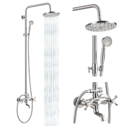 gotonovo Exposed Shower Tub Faucet Set 3 Function Wall Mount,Brushed Nickel | Shower System Fixtures with Tub Spout,8” Rain Head and Handheld,360°Rotation,Adjustable Height,for 5-6.7" Hole,Outdoor/Indoor - color: Nickel