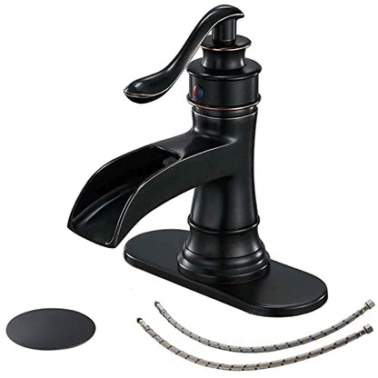 BWE Oil Rubbed Bronze Waterfall Bathroom Faucet, Solid Brass, 1.2 GPM | Waterfall Spout, Ceramic Cartridge, California-Compliant, Fits 1 or 3-Hole Sinks, Handware Included, Single Handle - color: Bronze