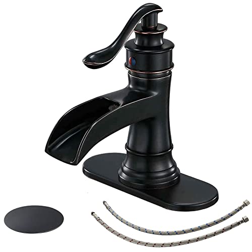 BWE Oil Rubbed Bronze Waterfall Bathroom Faucet, Solid Brass, 1.2 GPM | Waterfall Spout, Ceramic Cartridge, California-Compliant, Fits 1 or 3-Hole Sinks, Handware Included, Single Handle - color: Bronze