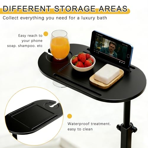 3-Tier Freestanding Bathtub Tray Table, Bamboo Swivel Bathtub Side Table with Height Adjustable Design, Standing Bath Tray for Tub Against Wall, Bathroom Organizer for Luxury Home Spa (Black) - color: Black