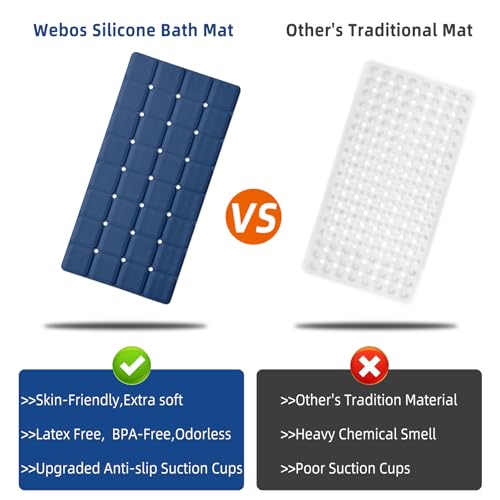 Webos Silicone Bath Mat with Suction Cups – Non-Slip Foldable Bathtub & Shower Mat, Durable & Quick-Dry Safety Tub Mat with Large Drain Holes for Families 28"x 14" Navy Blue - color: Navy Blue, size: 28" x 14" (Rectangular)