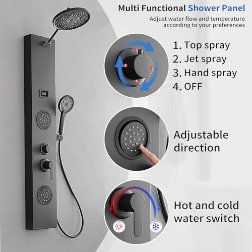 Shower Panel Shower Tower System, 9 Inch Rainfall Shower Head Round, Stainless Steel with Massage Body Jets Adjustable, Temperature Display, Stand Shower Column Wall Mount, Black