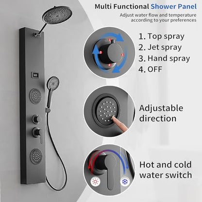 Shower Panel Shower Tower System, 9 Inch Rainfall Shower Head Round, Stainless Steel with Massage Body Jets Adjustable, Temperature Display, Stand Shower Column Wall Mount, Black
