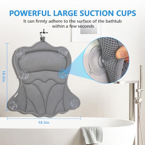 REEZEIVI Bath Pillows for Tub,Thick Neck Back Support Bathtub Cushion,Gray | 4D breathable body-fitting mesh, 6 strong anti-slip suction cups, machine washable & quick drying, durable for all bathtubs - color: Grey