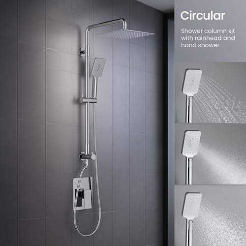 KIBI Cube 2-Function Wall Mounted Rain Shower Column | Bathroom Shower Faucet System with Solid Brass Rough-In Valve, 10" Rain Shower Head | Easy Temperature Control (Chrome Finish, KSC404) - color: Chrome