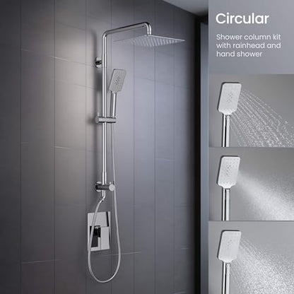 KIBI Cube 2-Function Wall Mounted Rain Shower Column | Bathroom Shower Faucet System with Solid Brass Rough-In Valve, 10" Rain Shower Head | Easy Temperature Control (Chrome Finish, KSC404) - color: Chrome
