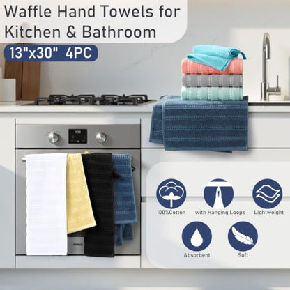 VOOVA & MOVAS Hand Towels 4PC,13"x30", 100% Cotton,with Loop,Yellow | Waffle Weave Fabric, Soft Lightweight & Absorbing, Quick Dry & Non-fading, Unshrinkable - color: Yellow