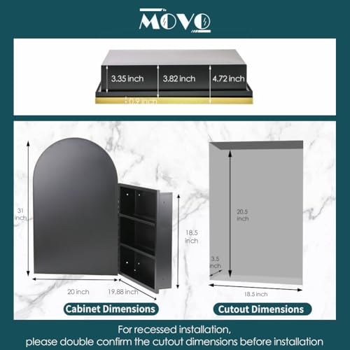 Movo Arched Gold Medicine Cabinet with Mirror 20 x31 Inch | Metal Framed Bathroom Mirror Medicine Cabinet Wall Mounted,Recessed Medicine Cabinets for Bathroom with 2 Removable Shelves - size: 20"W x 31"H x 5"D-Gold