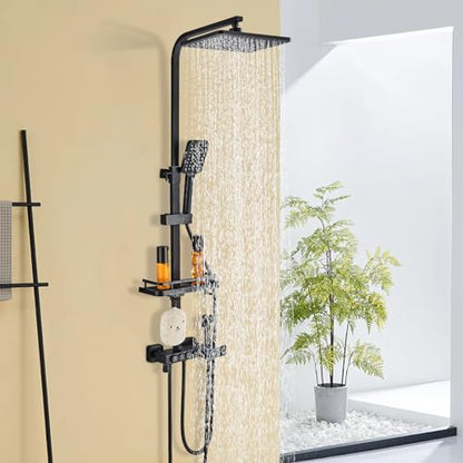 Shower System Matte Black Bathroom Thermostatic Shower Faucet Set with Tub Spout,Shower Head,3 Functions Hand Sprayer,Bidet and Shelf Rain Outdoor Shower Fixtures Kit Wall Mounted
