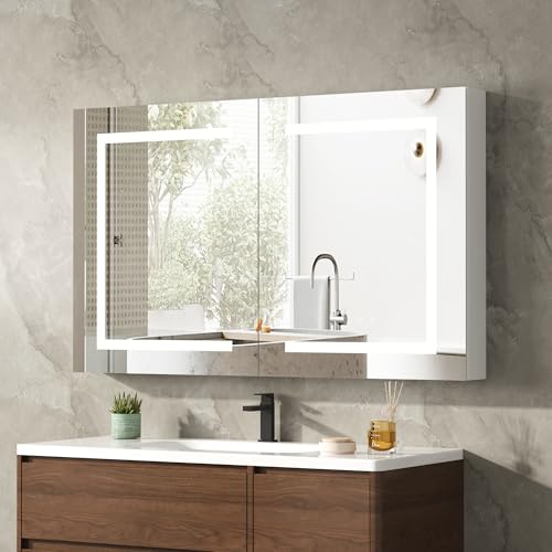 LED Medicine Cabinet with Mirror for Bathroom, Assembly-Free Lighted Medicine Cabinet, Defog, Stepless Dimming, 3 Colors, 2 Outlets, 2USB, Aluminum Wall Mounted Mirrored Cabinets, 36”Wx24“H - size: 36''W x 24''H Double Door