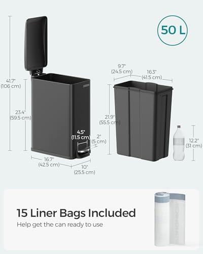 SONGMICS Slim Trash Can, 13-Gallon (50 L) Garbage Can for Narrow Spaces with Soft-Close Lid, Inner Bucket, and Step-on Pedal, Stainless Steel, 15 Trash Bags Included, Black ULTB510B48 - color: Black, style: 13 Gal.