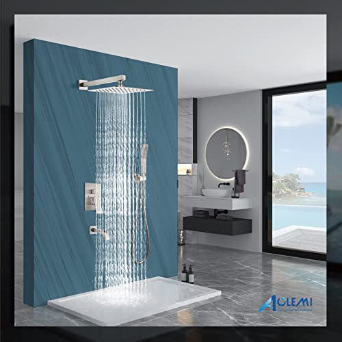 Aolemi Shower Faucet Set with Tub Filler Handheld 10" Head Brushed Nickel | Shower Valve and Trim Kit,Handheld Spray,Tub Spout,Single Handle,SUS304,Bathroom Mixer for Remodeling - color: Nickel, size: 10 Inch Shower Head