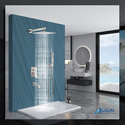 Aolemi Shower Faucet Set with Tub Filler Handheld 10" Head Brushed Nickel | Shower Valve and Trim Kit,Handheld Spray,Tub Spout,Single Handle,SUS304,Bathroom Mixer for Remodeling - color: Nickel, size: 10 Inch Shower Head